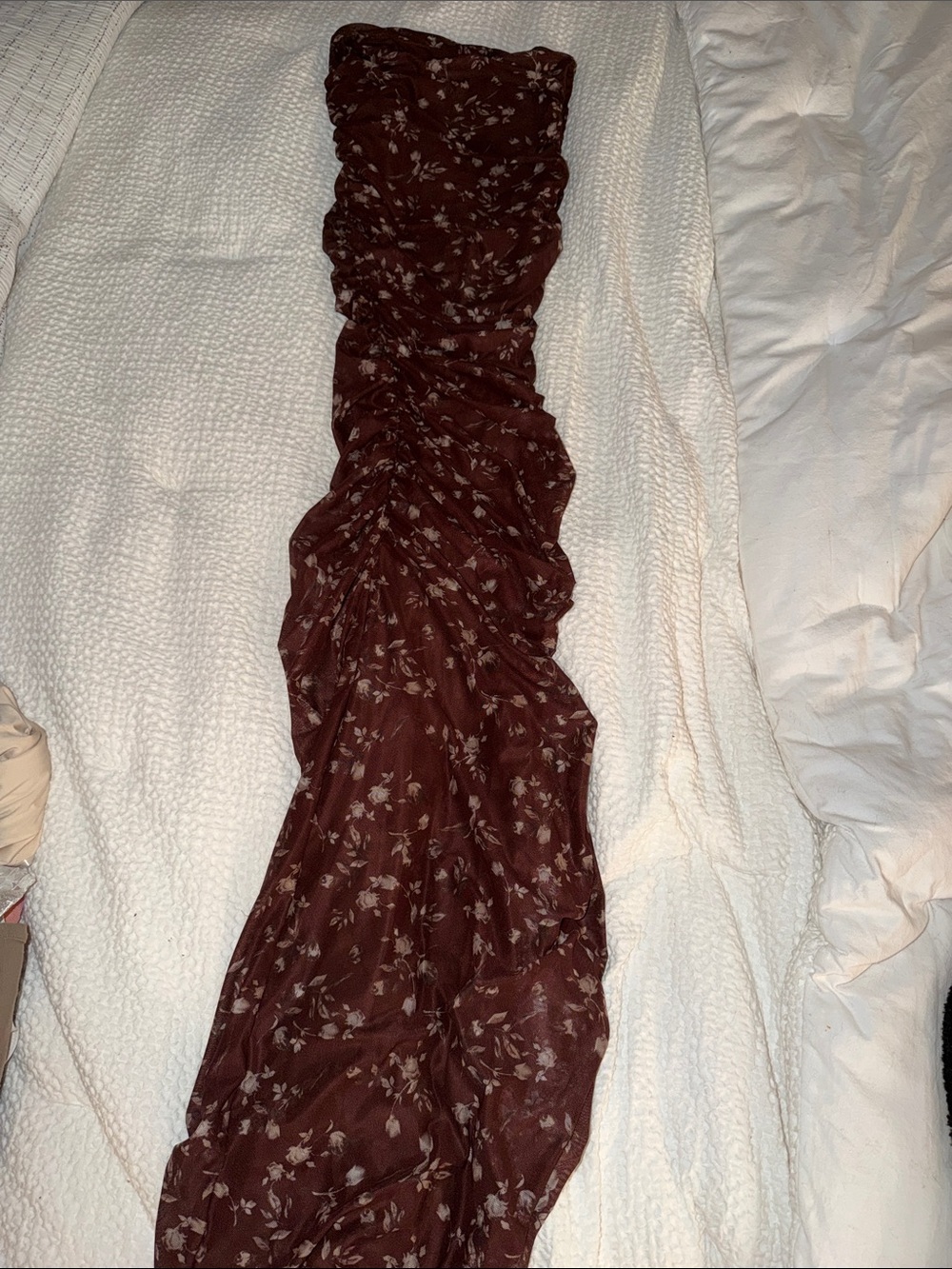 Brown Floral Ruched Maxi Dress — Women's Strapless Evening Dress